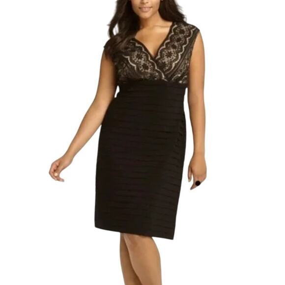 Adrianna Papell Woman Black Lace V Neck Cocktail Dress Tiered Womens 16 Wedding